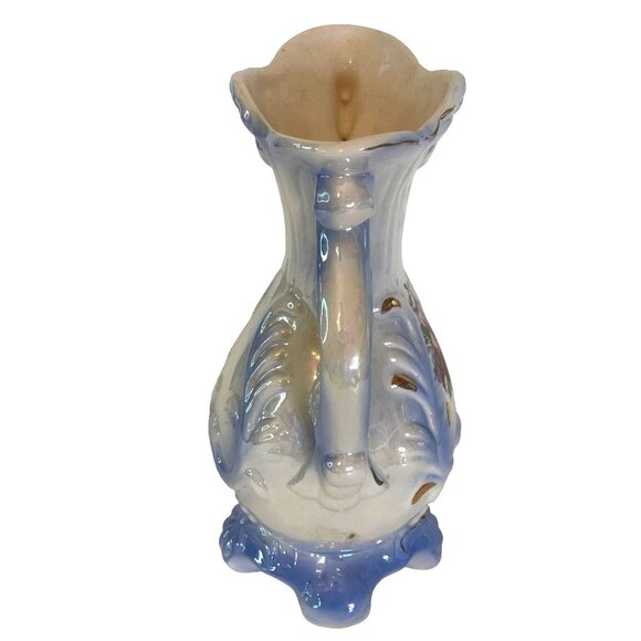 Victorian Lusterware Ceramic Vase Double Handle Footed Pink Roses 8.25" Vintage - Picture 2 of 7